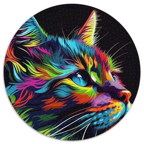 Puzzle 1000 Teile, Katze, Pop-Art, Tiergesicht, 1000-teiliges rundes Puzzle, Spiel für Erwachsene, Geschenk, interaktives Familienspiel, Gehirn-Herausforderungsgeschenk (Größe 67,5 x 67,5 cm) von JIANGENNF
