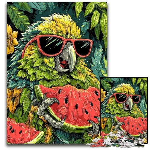 Puzzle 1000 Teile, Papagei isst Wassermelone, Papppuzzle, kompliziertes Design für Teenager, DIY-Dekor und gehirnfördernder Spaß, 26x38cm von JIANGENNF