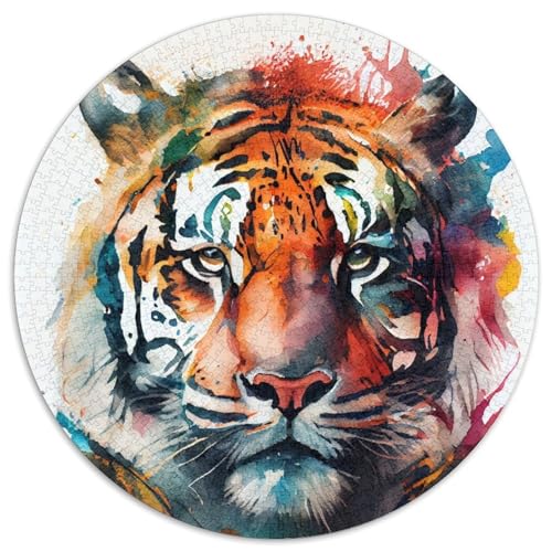 Puzzle 1000 Teile, Tiger-Aquarell, 1000-teiliges rundes Puzzle, Spiel für Erwachsene, Geschenk, interaktives Familienspiel, Gehirn-Herausforderungsgeschenk (Größe 67,5 x 67,5 cm) von JIANGENNF