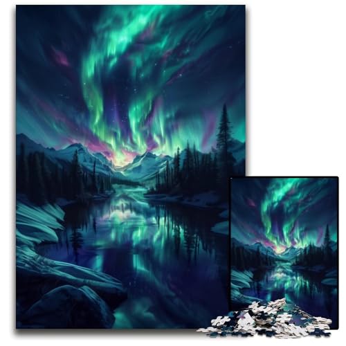 Puzzle 1000 Teile Aurora Borealis über Schnee Anspruchsvolles Rätsel Denksportaufgabe, Spiel für Erwachsene, interaktive Familienaktivität 26x38cm/10,23x14,96 Zoll von JIANGENNF