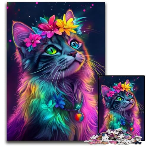 Puzzle 1000 Teile Blumen- und Katzenpuzzle, Lernspiele, mit passendem Poster und Quizblatt, für Kinder ab 14 Jahren, 50x75cm von JIANGENNF