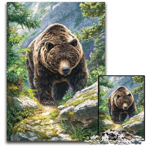 Puzzle 1000 Teile Dschungel-Grizzly Holzpuzzle Lernspiele Stressabbau, Heimdekorationsspielzeug für 14-Jährige 50X75CM von JIANGENNF