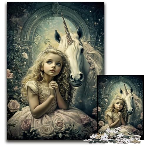 Puzzle 1000 Teile Einhorn-Mädchen Holzpuzzle Lernspiele Stressabbau, Heimdekorationsspielzeug für 14-Jährige 50X75CM von JIANGENNF