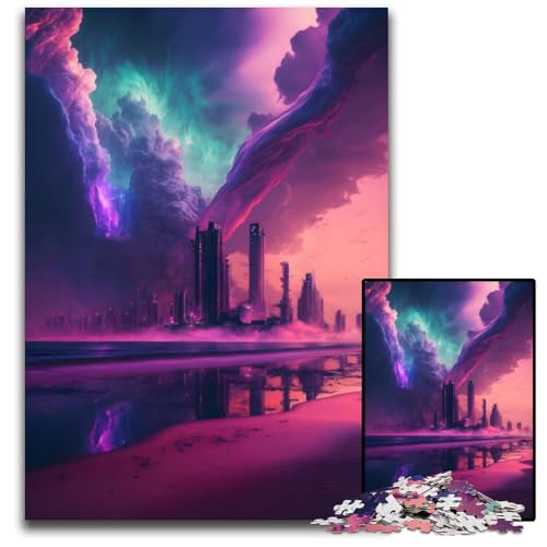 Puzzle 1000 Teile Futuristisches Stadtgebäude Holzpuzzle Herausforderndes Denkspiel für Teenager, Familienspaß Interaktives Spiel 50x75cm/19,68x29,52 Zoll von JIANGENNF
