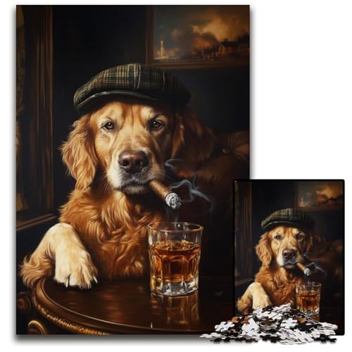 Puzzle 1000 Teile Golden Retriever Rauchen Kartonpuzzle Lernspiele Stressabbau, Heimdekorationsspielzeug für 14-Jährige 26X38CM von JIANGENNF