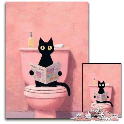 Puzzle 1000 Teile Katze auf der Toilette Kartonpuzzle Lernspiele Stressabbau, Heimdekorationsspielzeug für 14-Jährige 26X38CM von JIANGENNF