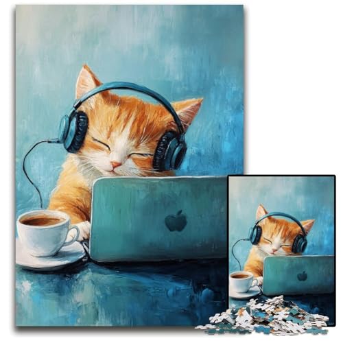 Puzzle 1000 Teile Katze hört Musik Holzpuzzles Dekomprimierendes intellektuelles Lernspielzeug Gutes Geschenk für Erwachsene und Jugendliche 50X75CM von JIANGENNF
