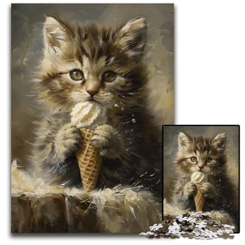 Puzzle 1000 Teile Katze isst Eiscreme, Kartonpuzzle, Lernspiele, Stressabbau, Heimdekorationsspielzeug für 14-Jährige, 26x38cm von JIANGENNF