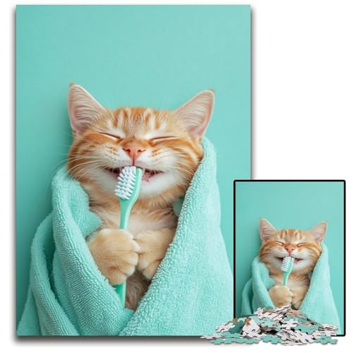 Puzzle 1000 Teile Katze putzt Zähne, Kartonpuzzle, Teenager, Paare und Freunde zum Geburtstag, Weihnachten, 26x38cm von JIANGENNF