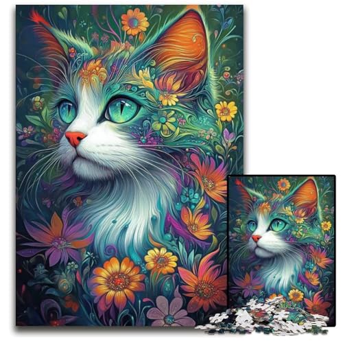 Puzzle 1000 Teile Katze und Blumen Kartonpuzzle Lernspiele Stressabbau, Heimdekorationsspielzeug für 14-Jährige 26X38CM von JIANGENNF