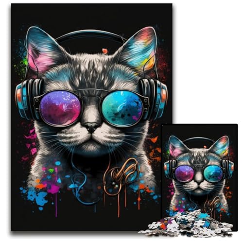 Puzzle 1000 Teile Kopfhörer Katze Schwierige Puzzles für Erwachsene DIY Wohnkultur Geschenk, Denksportaufgabe für Erwachsene 50x75cm/19,68x29,52 Zoll von JIANGENNF