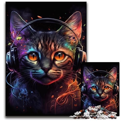 Puzzle 1000 Teile Kopfhörer-Katzen-Puzzle für Erwachsene, interaktives Familienspiel, Bastelgeschenk mit farbenfrohen Kunstwerken, 26x38cm/10,23x14,96 Zoll von JIANGENNF