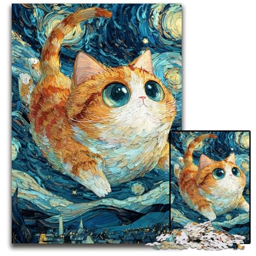 Puzzle 1000 Teile Nachthimmel-Katze Holzpuzzle Lernspiele Stressabbau, Heimdekorationsspielzeug für 14-Jährige 50X75CM von JIANGENNF