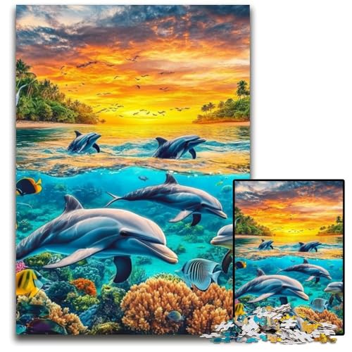 Puzzle 1000 Teile Ozeandelfin Holzpuzzle Lernspiele Stressabbau, Heimdekorationsspielzeug für 14-Jährige 50X75CM von JIANGENNF