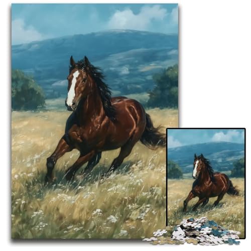Puzzle 1000 Teile Pferde auf der Wiese Kartonpuzzle Lernspiele Stressabbau, Heimdekorationsspielzeug für 14-Jährige 26X38CM von JIANGENNF