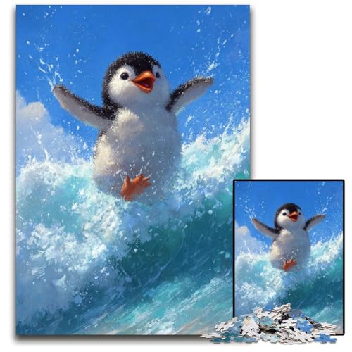 Puzzle 1000 Teile Pinguin-Surfen Holzpuzzle Lernspiele Stressabbau, Heimdekorationsspielzeug für 14-Jährige 50X75CM von JIANGENNF