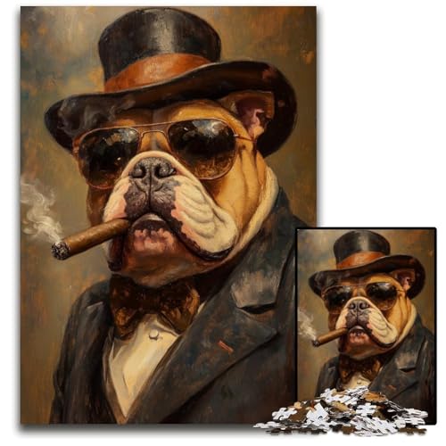 Puzzle 1000 Teile Rauchende Bulldogge Kartonpuzzle Lernspiele Stressabbau, Heimdekorationsspielzeug für Kinder ab 14 Jahren 26X38CM von JIANGENNF