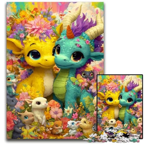 Puzzle 1000 Teile Regenbogendrachenbaby Holzpuzzle Lernspiele Stressabbau, Heimdekorationsspielzeug für 14-Jährige 50X75CM von JIANGENNF