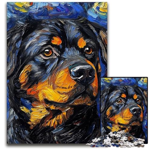 Puzzle 1000 Teile Rottweiler-Nachthimmel-Puzzle für Erwachsene, interaktives Familienspiel, Denksportaufgabe, Lernspielzeug, 26x38cm/10,23x14,96 Zoll von JIANGENNF