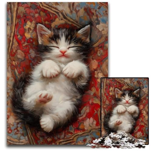 Puzzle 1000 Teile Schlafende Katze Holzpuzzle Lernspiele Stressabbau, Heimdekorationsspielzeug für 14-Jährige 50X75CM von JIANGENNF