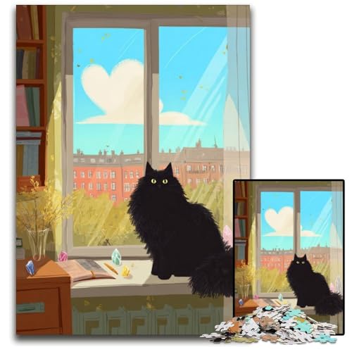 Puzzle 1000 Teile Schwarze Katze Holzpuzzle Lernspiele Stressabbau, Heimdekorationsspielzeug für 14-Jährige 50X75CM von JIANGENNF
