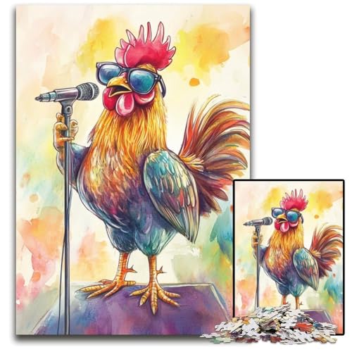 Puzzle 1000 Teile Singender Hahn Holzpuzzle Lernspiele Stressabbau, Heimdekorationsspielzeug für 14-Jährige 50X75CM von JIANGENNF