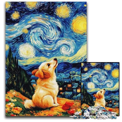 Puzzle 1000 Teile Sternennacht-Hund Holzpuzzle Lernspiele Stressabbau, Heimdekorationsspielzeug für 14-Jährige 50X75CM von JIANGENNF
