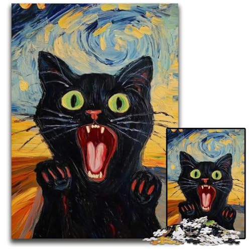 Puzzle 1000 Teile Überraschte Schwarze Katze Holzpuzzles Dekomprimierendes intellektuelles Lernspielzeug Gutes Geschenk für Erwachsene Teenager 50X75CM von JIANGENNF