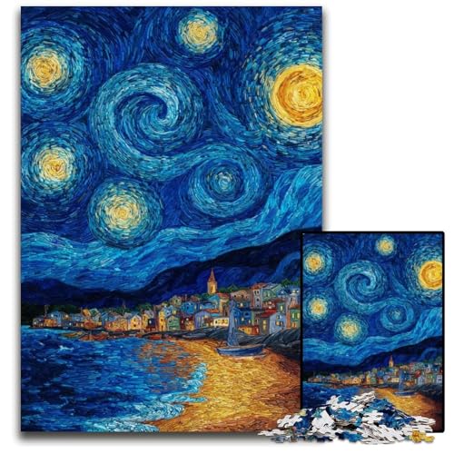 Puzzle 1000 Teile Van Gogh Nachthimmel Kartonpuzzle Lernspiele Stressabbau, Heimdekorationsspielzeug für 14-Jährige 26X38CM von JIANGENNF