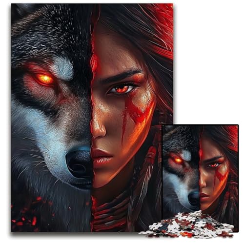 Puzzle 1000 Teile Wolfsmädchen Holzpuzzle Lernspiele Stressabbau, Heimdekorationsspielzeug für 14-Jährige 50X75CM von JIANGENNF