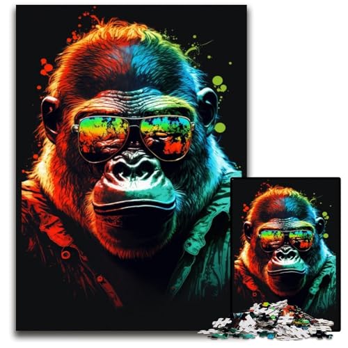 Puzzle 1000 Teile für Erwachsene, Bunte Gorillas mit Brille, Holzpuzzle für Reiseliebhaber und Paare, anspruchsvolles Spielzeug, 50x75cm/19,68x29,52 Zoll von JIANGENNF
