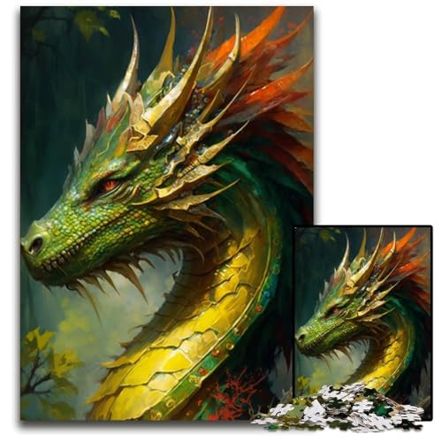 Puzzle 1000 Teile für Erwachsene, Grüner Drache, Schwierige Puzzles für Erwachsene, Interaktives Familienspiel, Gehirn-Herausforderung, Lernspielzeug, 50x75cm/19,68x29,52 Zoll von JIANGENNF