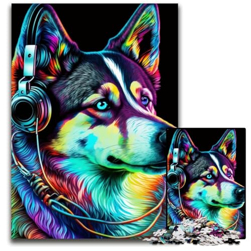 Puzzle 1000 Teile für Erwachsene, Husky-Kopfhörer, unmögliches Puzzle für Erwachsene, Heimdekoration und Urlaubsspaß, 26x38cm/10,23x14,96 Zoll von JIANGENNF