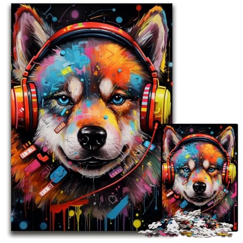 Puzzle 1000 Teile für Erwachsene, Husky mit Kopfhörern, Papppuzzle, Spaß für den Familienspielabend, dekoratives Kunstwerk zum Selbermachen, 26x38cm/10,23x14,96 Zoll Puzzle 1000 Teile für Erwachsene, Husky mit Kopfhörern, Papppuzzle, Spaß für den Familienspielabend, dekoratives Kunstwerk zum Selbermachen, 26x38cm/10,23x14,96 Zoll von JIANGENNF