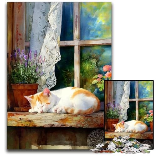 Puzzle 1000 Teile für Erwachsene, Katze am Fenster, Kartonpuzzle, Lernspiele, Stressabbau, Heimdekorationsspielzeug für 14-Jährige, 26x38cm von JIANGENNF