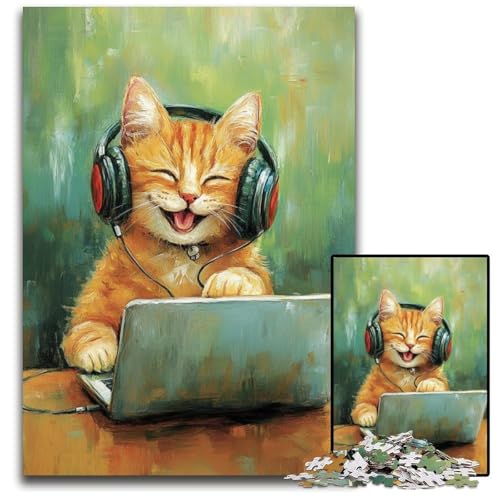 Puzzle 1000 Teile für Erwachsene, Katze hört Musik, Kartonpuzzle, Lernspiele, Stressabbau, Heimdekorationsspielzeug für 14-Jährige, 26x38cm von JIANGENNF