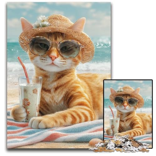 Puzzle 1000 Teile für Erwachsene, Katze im Urlaub, Holzpuzzle, Spiele, Spielzeug, Geschenk, einzigartige Geburtstags- und Geschenkideen für Kinder ab 14 Jahren, 50x75cm von JIANGENNF