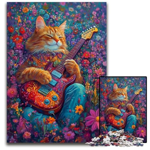 Puzzle 1000 Teile für Erwachsene, Katze spielt Gitarre zwischen Blumen, Kartonpuzzle, Lernspiele, Stressabbau, Heimdekorationsspielzeug für 14-Jährige, 26x38cm von JIANGENNF