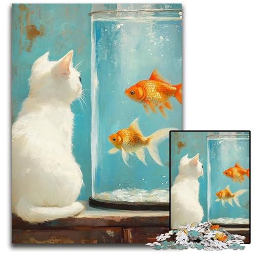 Puzzle 1000 Teile für Erwachsene, Katze und Goldfisch, Kartonpuzzle, Lernspiele, Stressabbau, Heimdekorationsspielzeug für 14-Jährige, 26x38cm von JIANGENNF