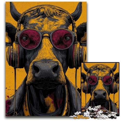 Puzzle 1000 Teile für Erwachsene, Kuh hört Musik, Papppuzzle als Geschenk zur Heimdekoration, anspruchsvolles Familienspielzeug, perfekt für Spieleabende, 26x38cm von JIANGENNF