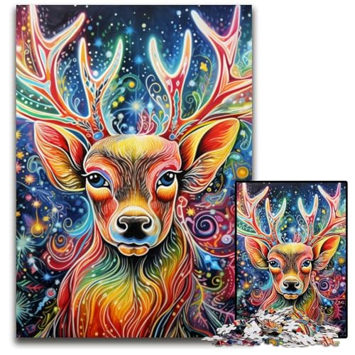 Puzzle 1000 Teile für Erwachsene, Psychedelisches Rentier-Puzzle aus Pappe für Reiseliebhaber und Paare, anspruchsvolles Spielzeug, 26x38cm/10,23x14,96 Zoll von JIANGENNF