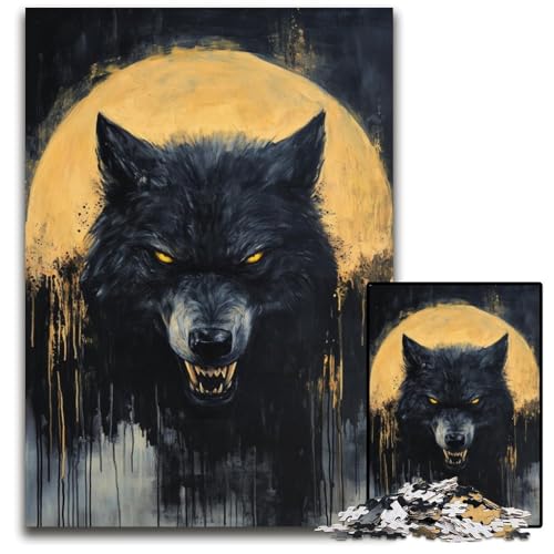 Puzzle 1000 Teile für Erwachsene, Schwarzer Wolf, Kartonpuzzle, Lernspiele, Stressabbau, Heimdekorationsspielzeug für 14-Jährige, 26x38cm von JIANGENNF