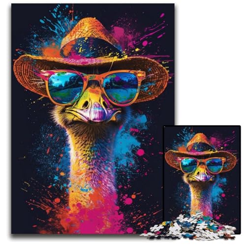 Puzzle 1000 Teile für Erwachsene, Strauß mit Sonnenbrille, Holzpuzzle für Erwachsene, interaktives Familienspiel, Denksportaufgabe, Lernspielzeug, 50x75cm/19,68x29,52 Zoll von JIANGENNF