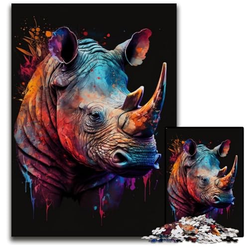 Puzzle 1000 Teile für Erwachsene, farbenfrohes Nashorn-Holzpuzzle für Reiseliebhaber und Paare, anspruchsvolles Spielzeug, 50x75cm/19,68x29,52 Zoll von JIANGENNF