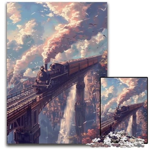 Puzzle 1000 Teile für Erwachsene „Dampfzug auf der Brücke“, schwierige Puzzles für Erwachsene, interaktives Familienspiel, Gehirn-Herausforderung, Lernspielzeug, 50x75cm/19,68x29,52 Zoll von JIANGENNF