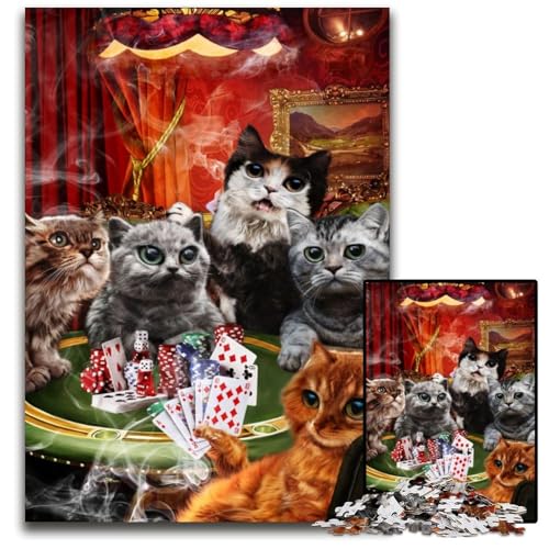 Puzzle 1000 Teile für Erwachsene Katze spielt Pokerspiel Puzzles für Erwachsene Herausforderndes Denkspiel für Teenager, Familienspaß Interaktives Spiel 26x38cm/10,23x14,96 Zoll von JIANGENNF