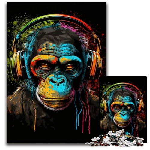Puzzle 1000 Teile für Erwachsene Kopfhörer Schimpansen-Puzzles für Erwachsene Anspruchsvolles Denkspiel für Teenager, Familienspaß Interaktives Spiel 50x75cm/19,68x29,52 Zoll von JIANGENNF