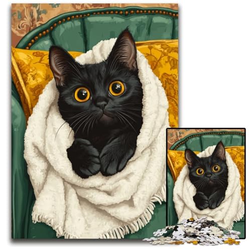Puzzle 1000 Teile für Erwachsene Schwarze Katze auf dem Sofa, anspruchsvolles Denkspiel für Teenager, Spaß für den Familienspielabend, 26x38cm von JIANGENNF