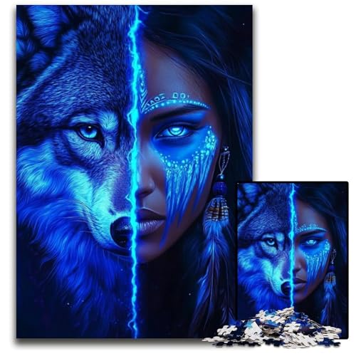 Puzzle 1000 Teile für Erwachsene Wolfsmädchen Kartonpuzzle Spielzeug Geschenk Pädagogisches intellektuelles Dekomprimierungsspaß Familienspiel 26X38CM von JIANGENNF