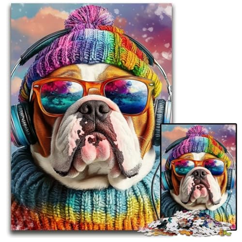 Puzzle 1000 Teile für Erwachsene oder Familien, Bulldogge hört Musik, Puzzle, anspruchsvolles Spielspielzeug, einzigartige Geburtstags- und Geschenkideen für Kinder ab 14 Jahren, 50x75cm von JIANGENNF